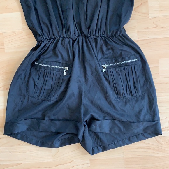 Bebe black satin romper with silver zipper pockets - Picture 3 of 5